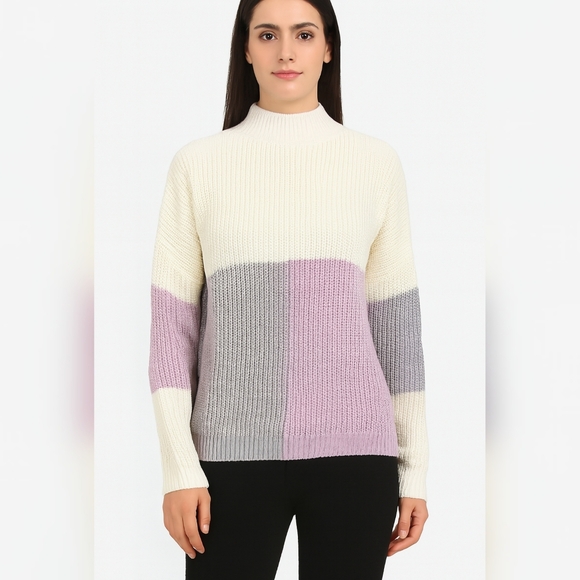 Andree By Unit Womens Color Block Purple/Gray/Ivory Knit Sweater SzXS  NWT - Picture 1 of 11